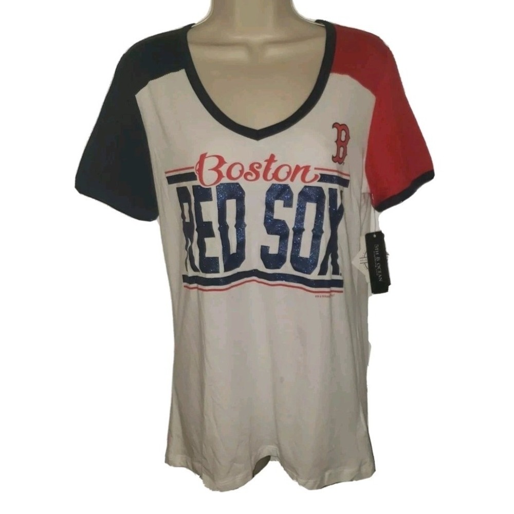 New Era MLB Boston Red Sox T-Shirt V‎ Neckline Size L Glitter logo NWT $30